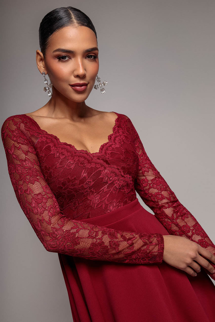 Goddiva Off The Shoulder Lace Skater Mini Dress - Wine