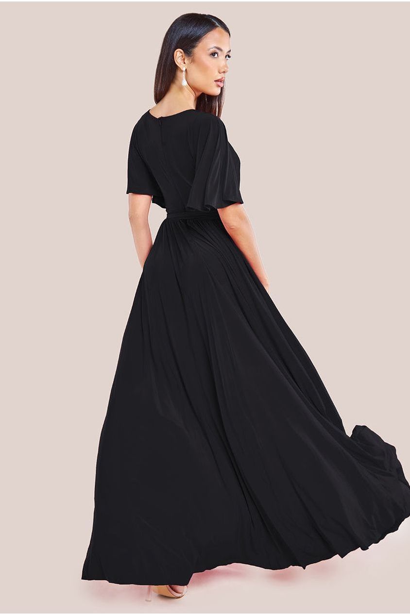 Goddiva Wrap Front Maxi With Flutter Sleeves - Black