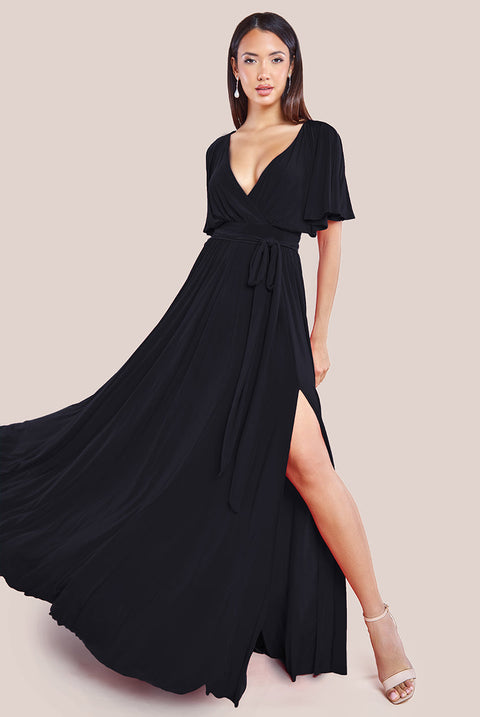 Goddiva Wrap Front Maxi With Flutter Sleeves - Black