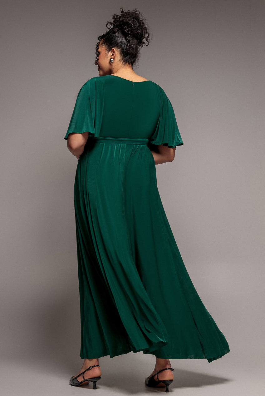 Goddiva Plus Wrap Front Maxi With Flutter Sleeves - Botanical Green