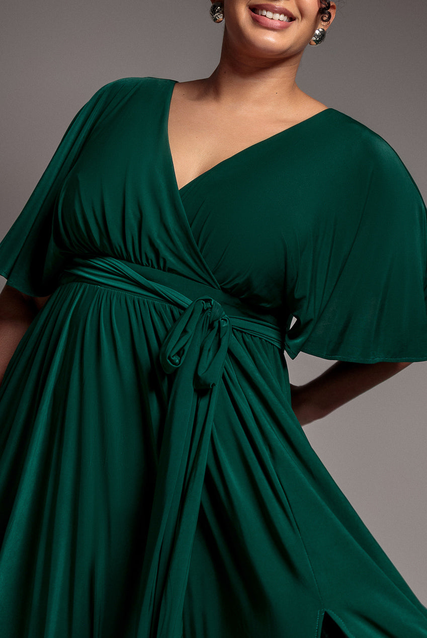 Goddiva Plus Wrap Front Maxi With Flutter Sleeves - Botanical Green
