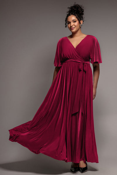 Goddiva Plus Wrap Front Maxi With Flutter Sleeves - Berry