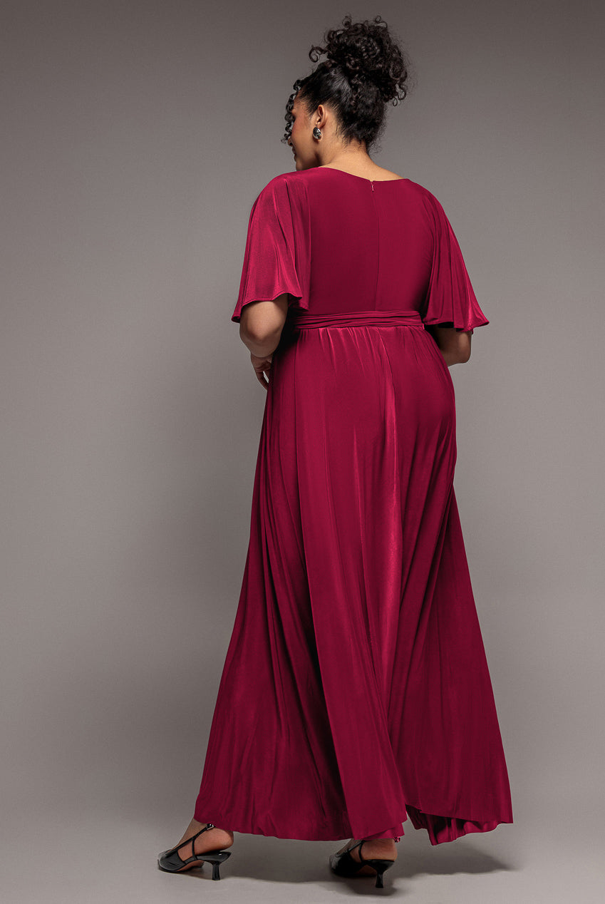 Goddiva Plus Wrap Front Maxi With Flutter Sleeves - Berry