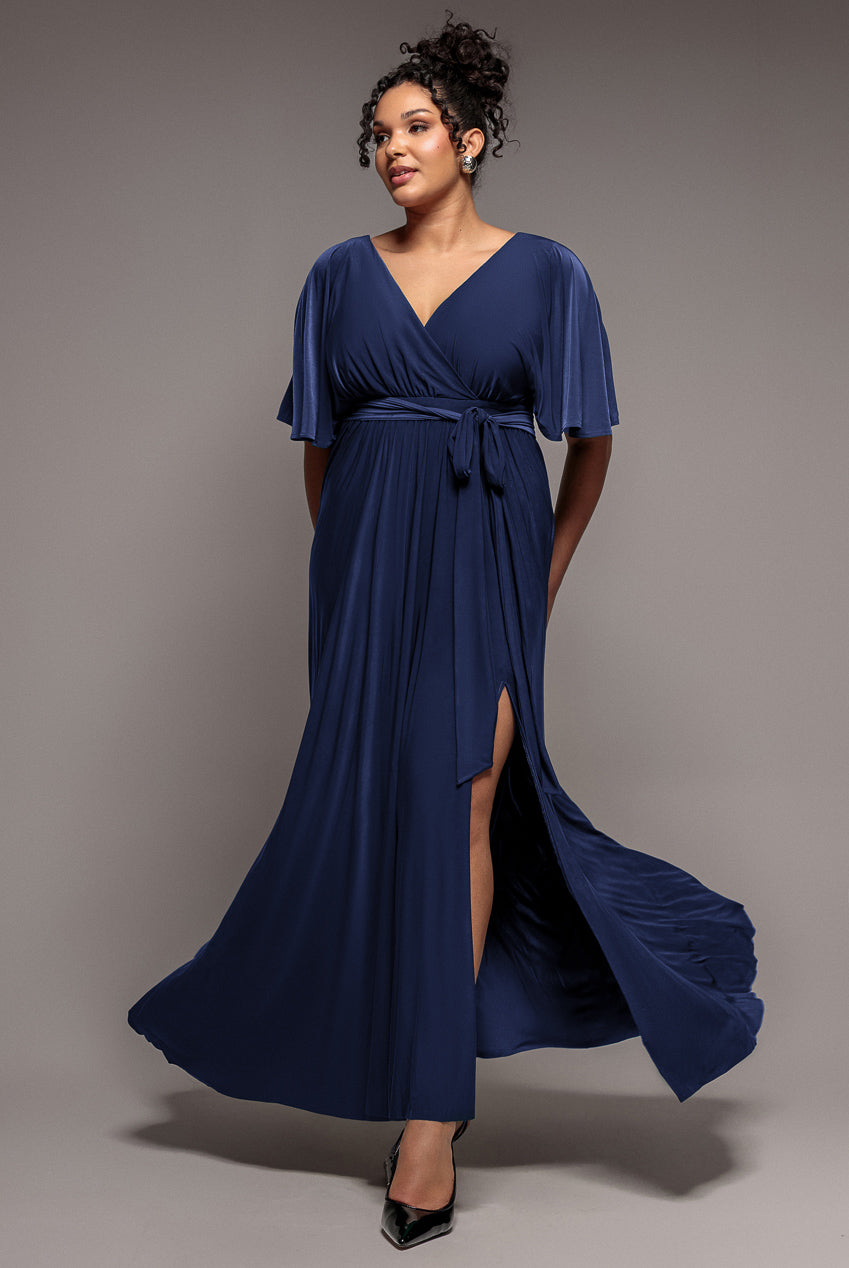 Goddiva Plus Wrap Front Maxi With Flutter Sleeves - Navy Blue