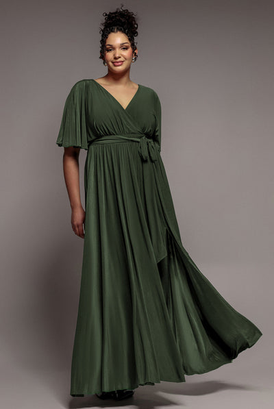 Olive - Goddiva Plus Wrap Front Maxi With Flutter Sleeves - Olive Green
