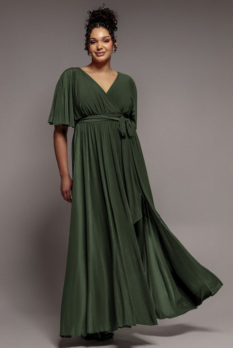 Goddiva Plus Wrap Front Maxi With Flutter Sleeves - Olive Green