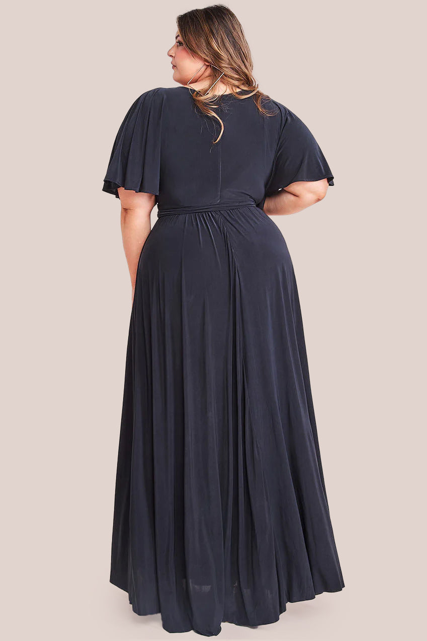 Goddiva Plus Wrap Front Maxi With Flutter Sleeves - Black