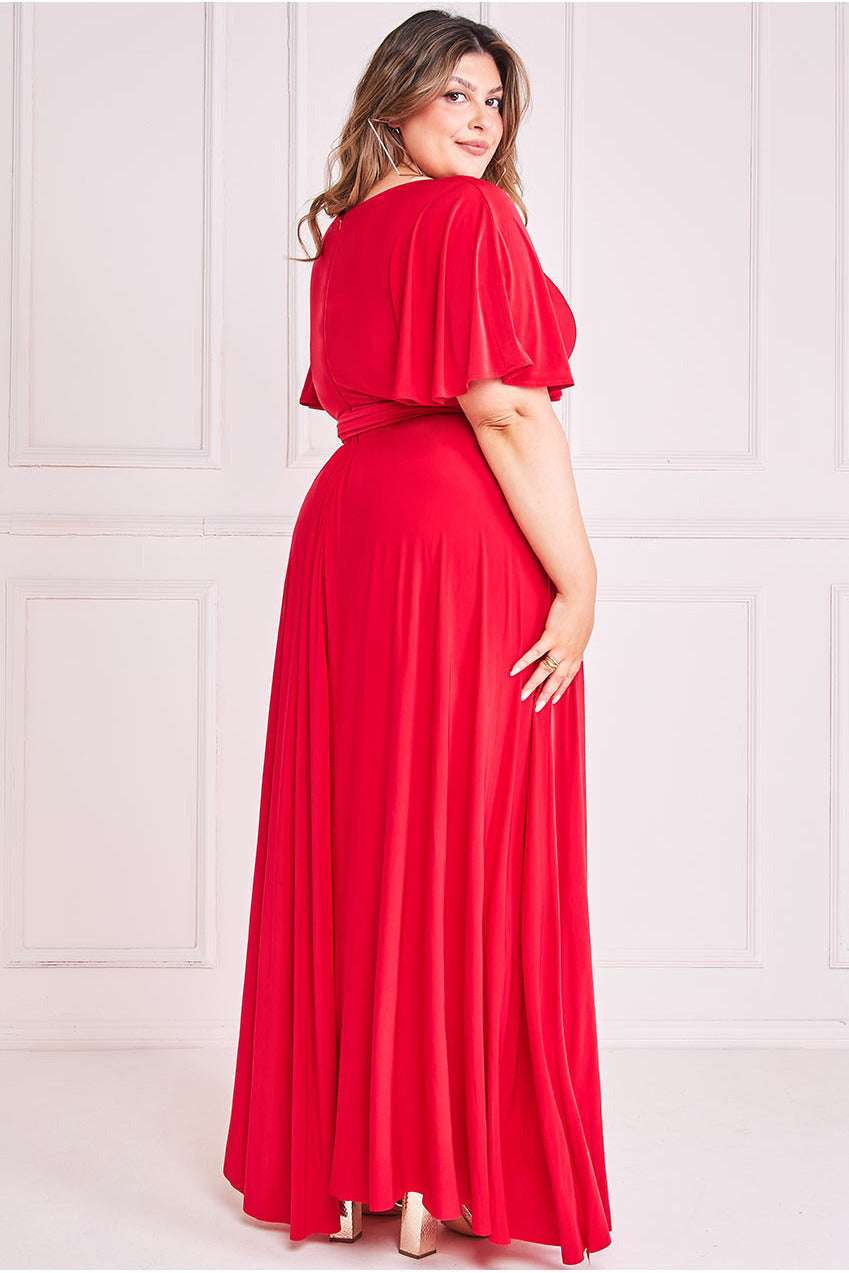Goddiva Plus Wrap Front Maxi With Flutter Sleeves - Red