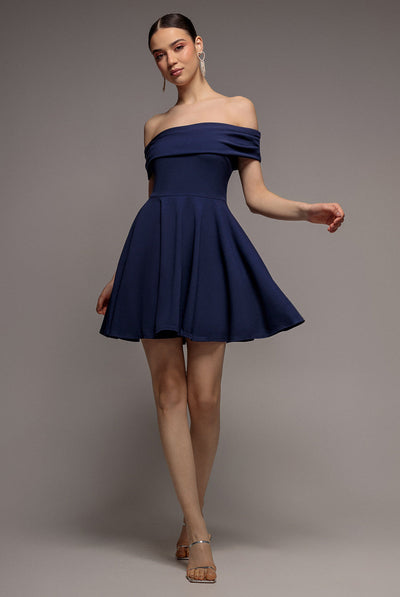 Navy - Goddiva Strapless Crepe Skater Mini Dress - Navy Blue
