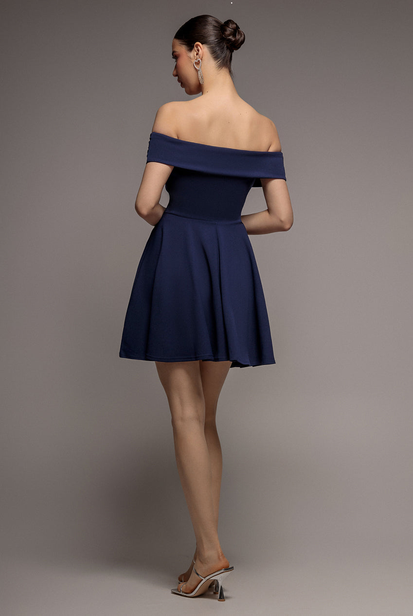 Goddiva Strapless Crepe Skater Mini Dress - Navy Blue