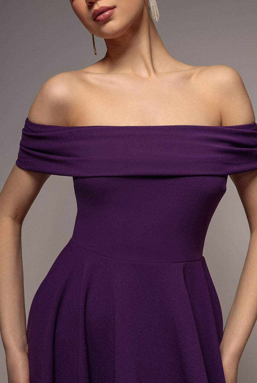 Goddiva Bardot Scuba Crepe Skater Mini Dress - Purple