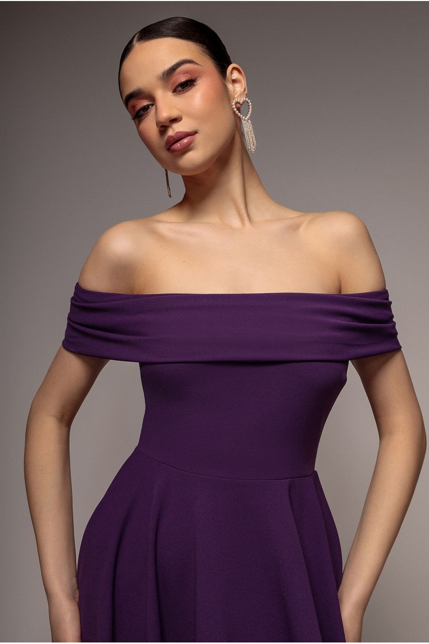 Goddiva Bardot Scuba Crepe Skater Mini Dress - Purple