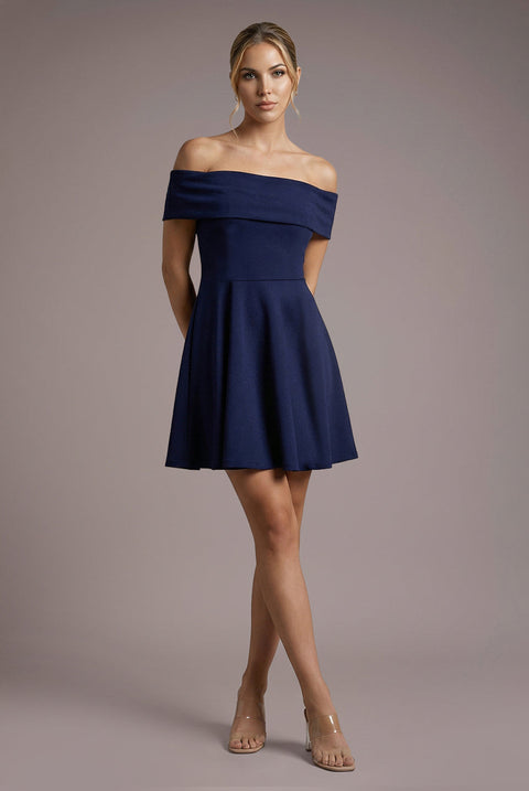 Goddiva Strapless Crepe Skater Mini Dress - Navy Blue