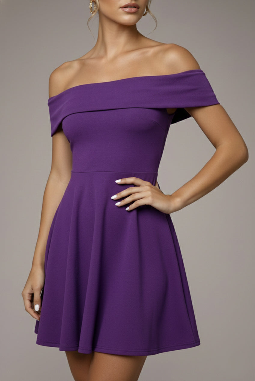 Goddiva Bardot Scuba Crepe Skater Mini Dress - Purple
