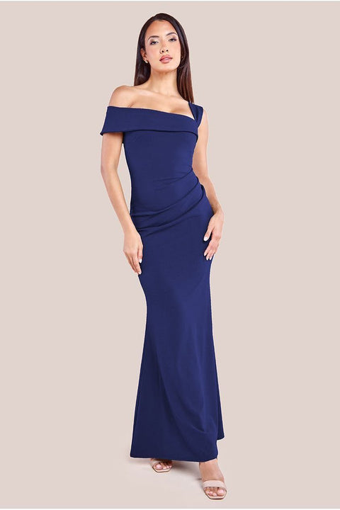 Goddiva Off The Shoulder Pleated Waist Maxi Dress - Navy