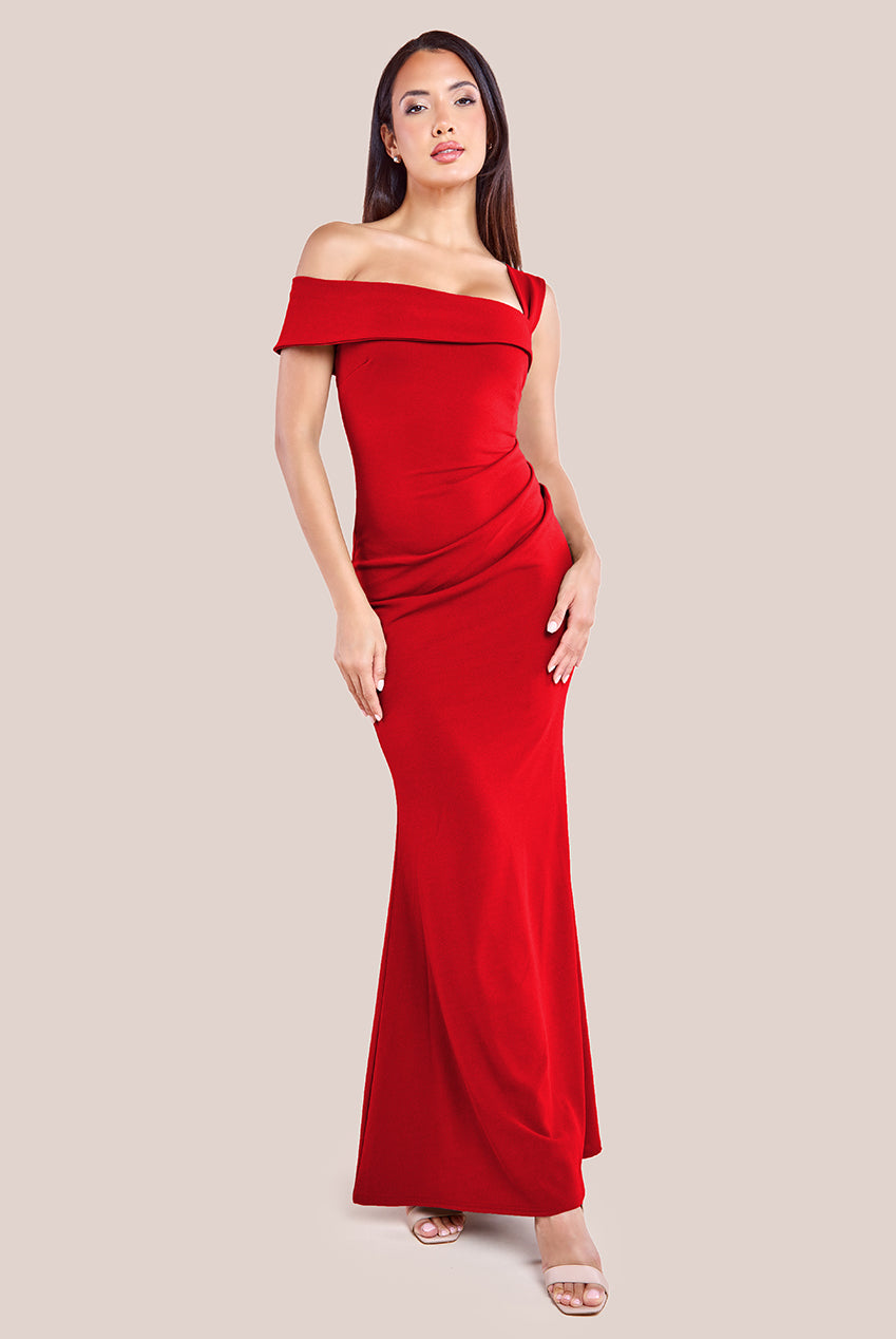 Goddiva Off The Shoulder Pleated Waist Maxi Dress - Red