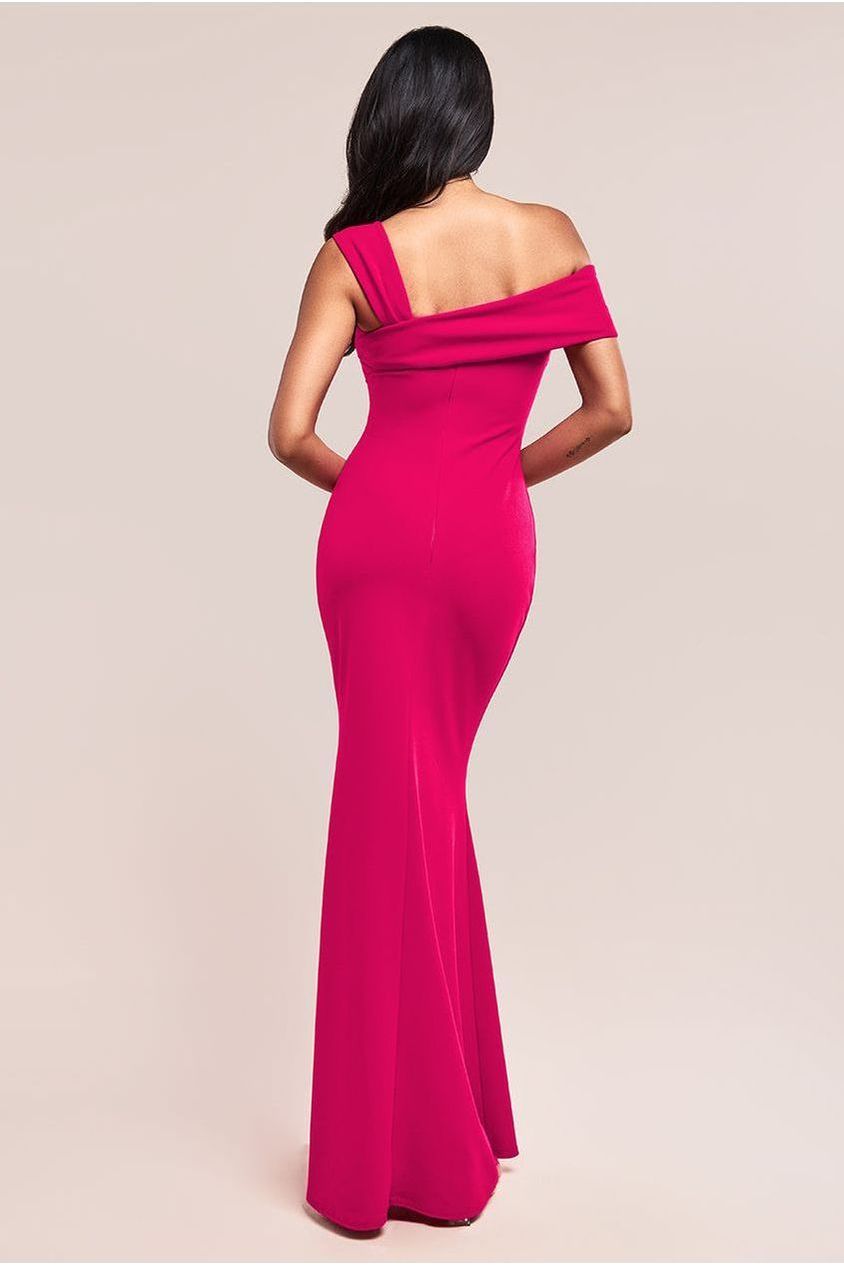 Goddiva Off The Shoulder Pleated Waist Maxi Dress - Hot Pink