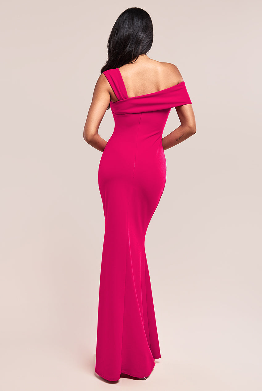 Goddiva Off The Shoulder Pleated Waist Maxi Dress - Hot Pink