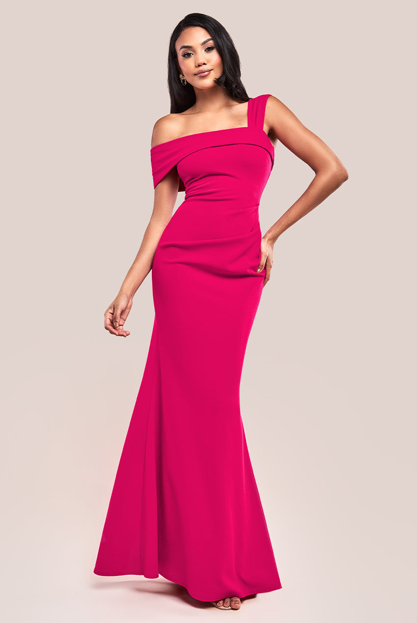 Goddiva Off The Shoulder Pleated Waist Maxi Dress - Hot Pink