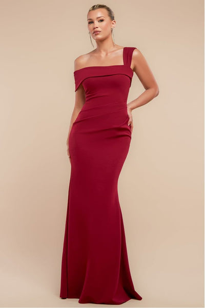 Wine - Goddiva Off The Shoulder Pleated Waist Maxi Dress - Wine