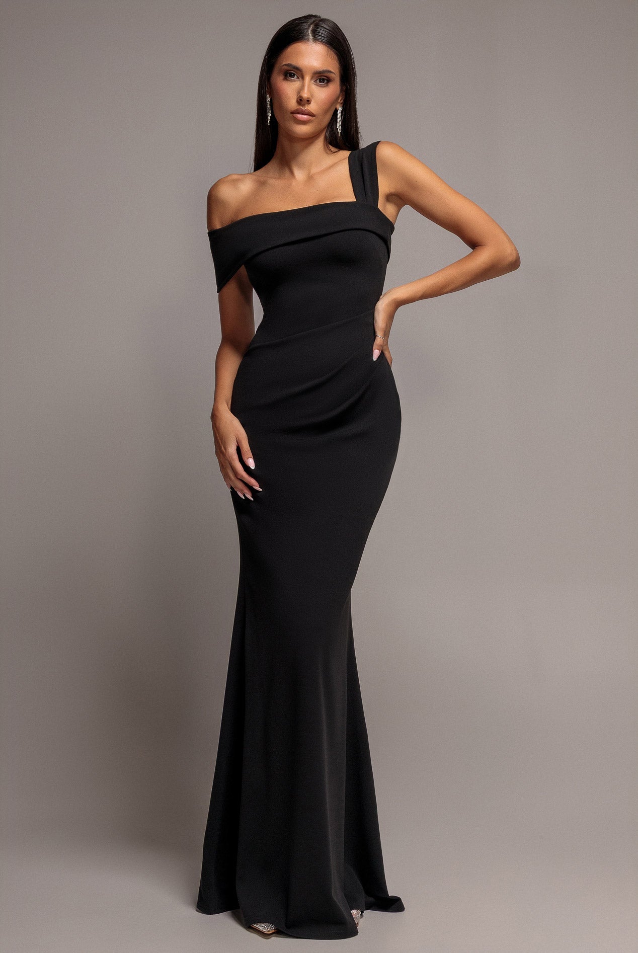 Goddiva Off The Shoulder Pleated Waist Maxi Dress - Black