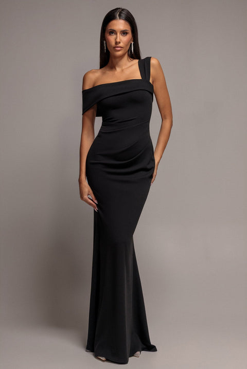 Goddiva Off The Shoulder Pleated Waist Maxi Dress - Black