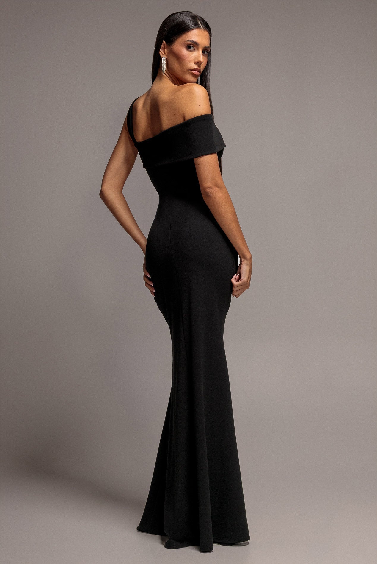Goddiva Off The Shoulder Pleated Waist Maxi Dress - Black