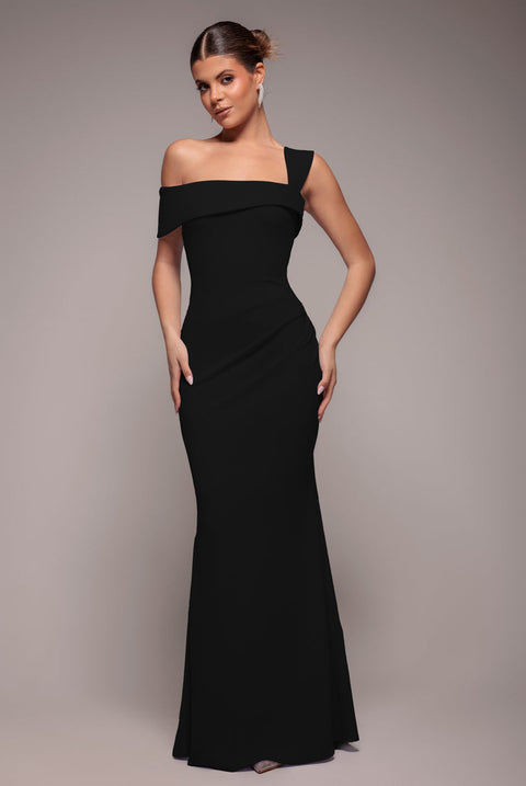 Goddiva Off The Shoulder Pleated Waist Maxi Dress - Black