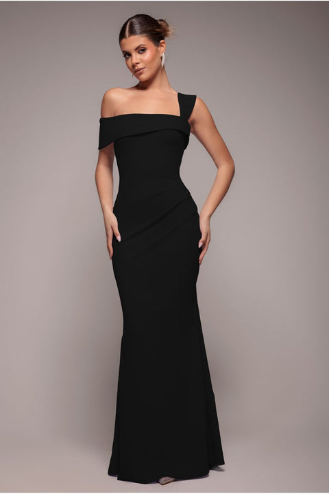 Goddiva Off The Shoulder Pleated Waist Maxi Dress - Black