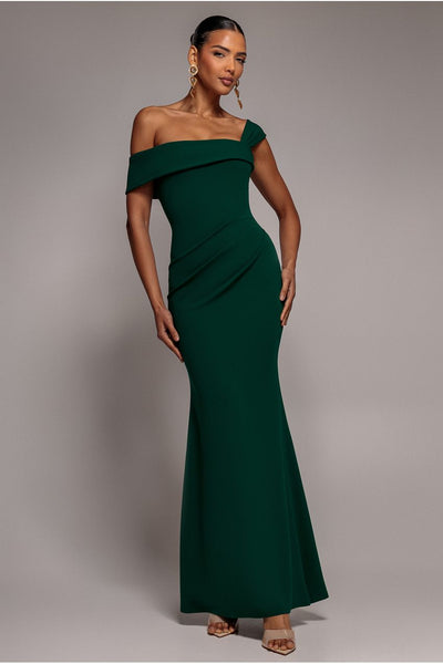 Emerald - Goddiva Off The Shoulder Pleated Waist Maxi Dress - Emerald Green