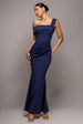 Goddiva Off The Shoulder Pleated Waist Maxi Dress - Navy
