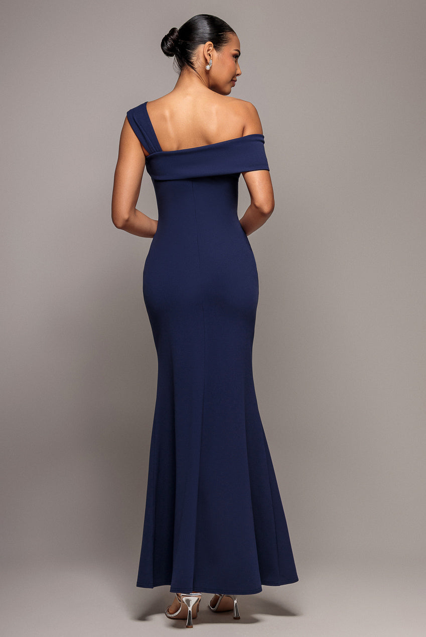 Goddiva Off The Shoulder Pleated Waist Maxi Dress - Navy