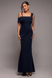 Goddiva Off The Shoulder Pleated Waist Maxi Dress - Navy