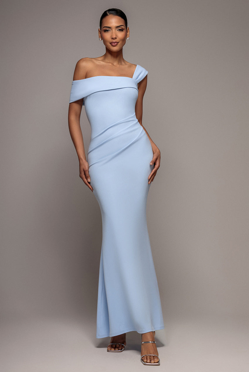 Goddiva Off The Shoulder Pleated Waist Maxi Dress - Powder Blue