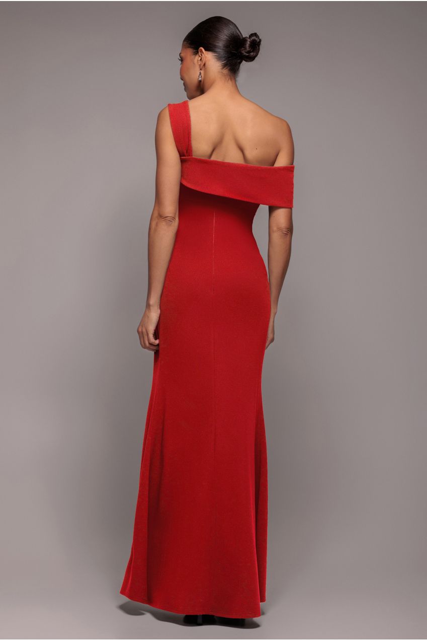 Goddiva Off The Shoulder Pleated Waist Maxi Dress - Red
