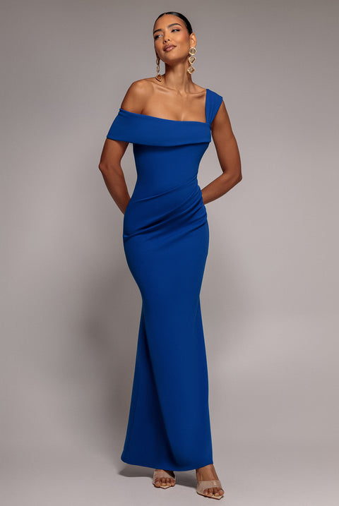 Goddiva Sustainable Off Shoulder Asymmetric Pleated Waist Maxi Dress - Royal Blue