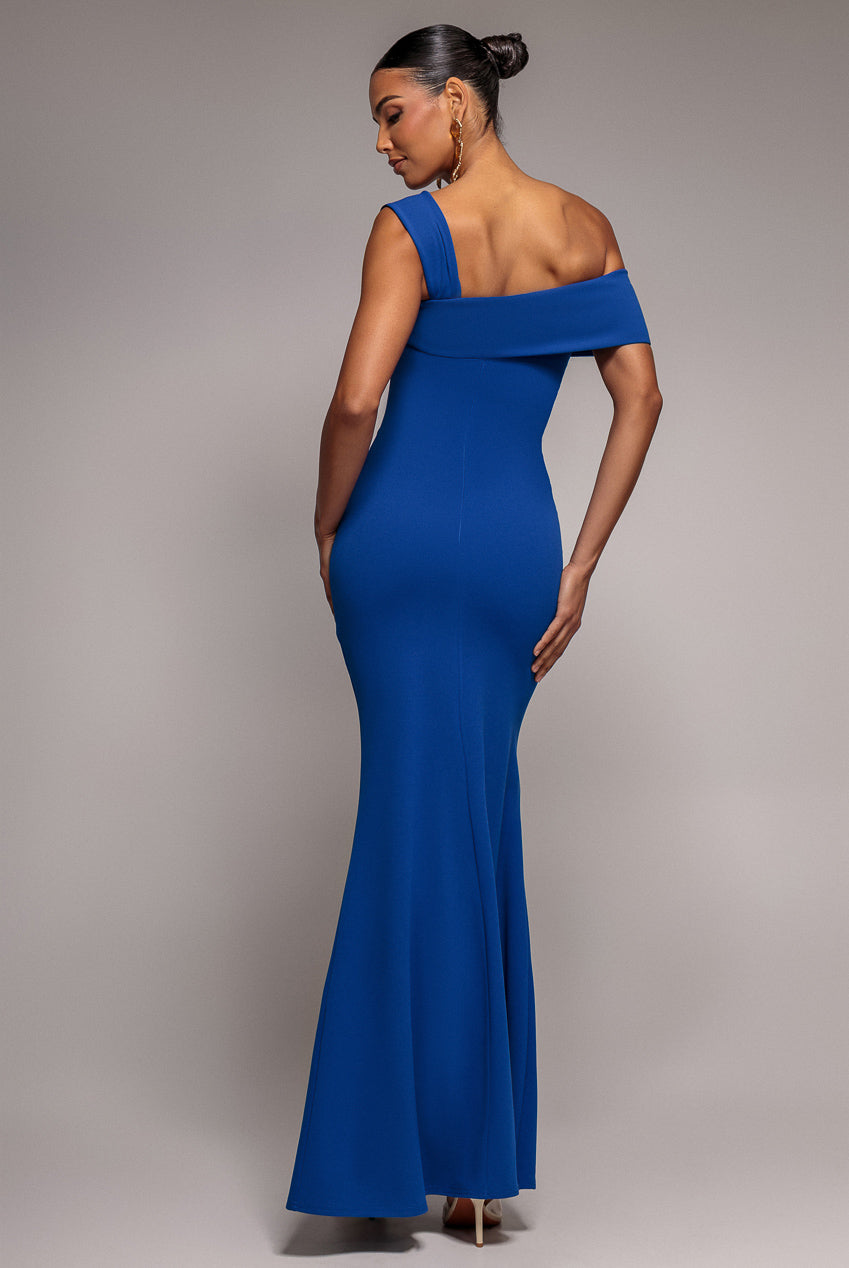Goddiva Off Shoulder Asymmetric Pleated Waist Maxi Dress - Royalblue