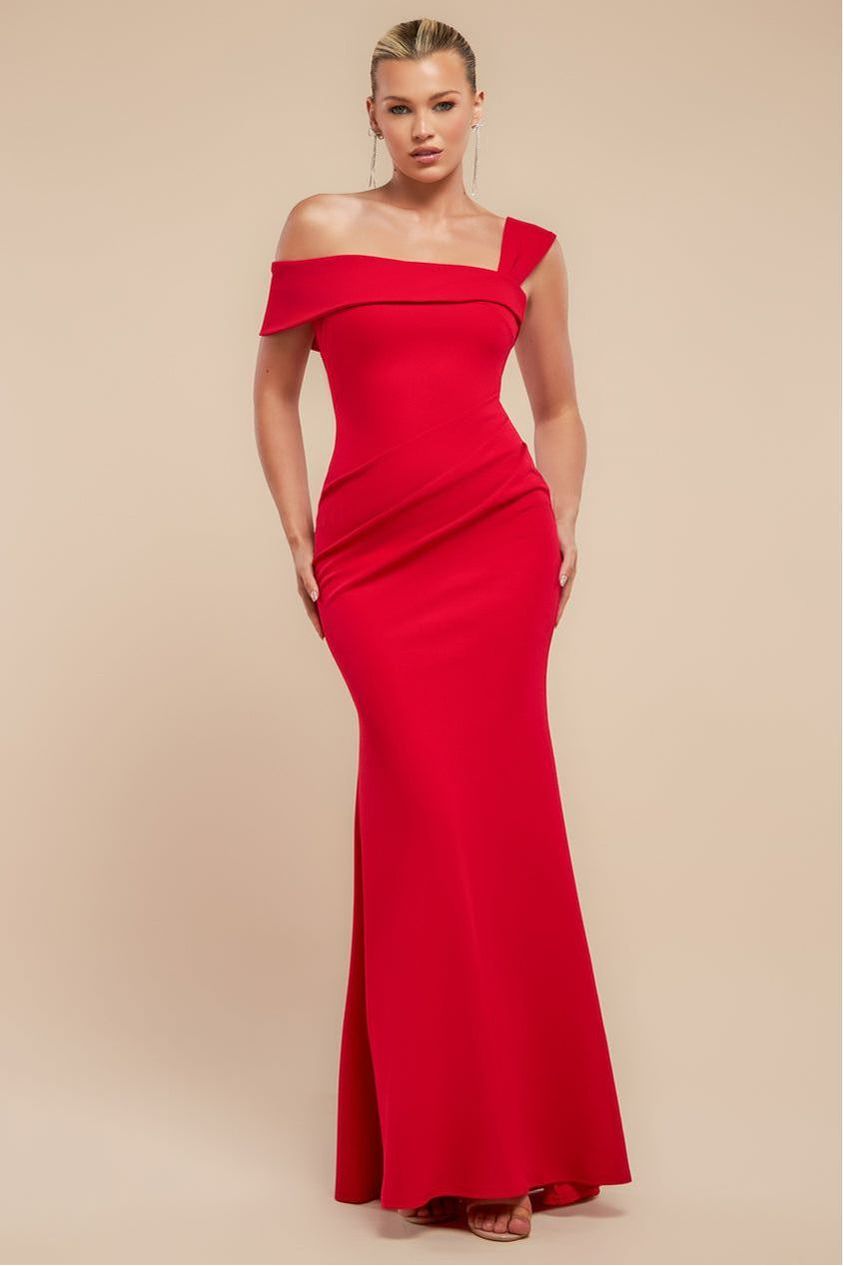 Goddiva Off The Shoulder Pleated Waist Maxi Dress - Red