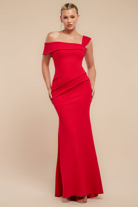 Goddiva Off The Shoulder Pleated Waist Maxi Dress - Red