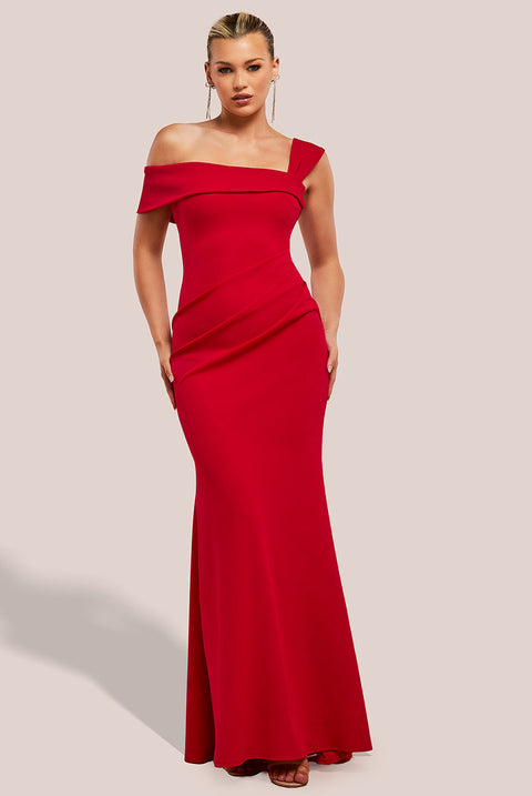 Goddiva Off The Shoulder Pleated Waist Maxi Dress - Red