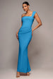 Goddiva Off The Shoulder Pleated Waist Maxi Dress - Teal Blue