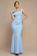 Goddiva Off The Shoulder Pleated Waist Maxi Dress - Blue