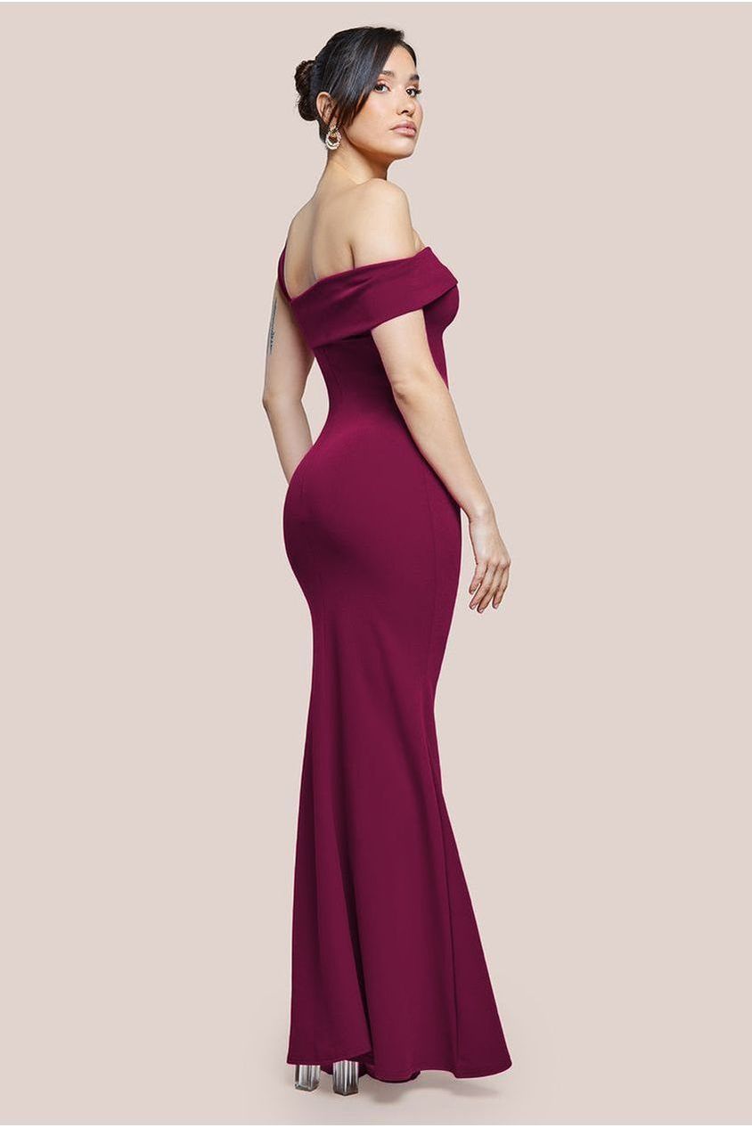 Goddiva Off The Shoulder Pleated Waist Maxi Dress - Berry