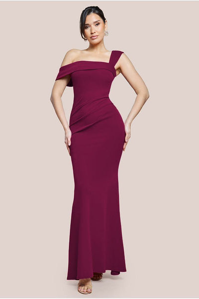 Berry - Goddiva Off The Shoulder Pleated Waist Maxi Dress - Berry