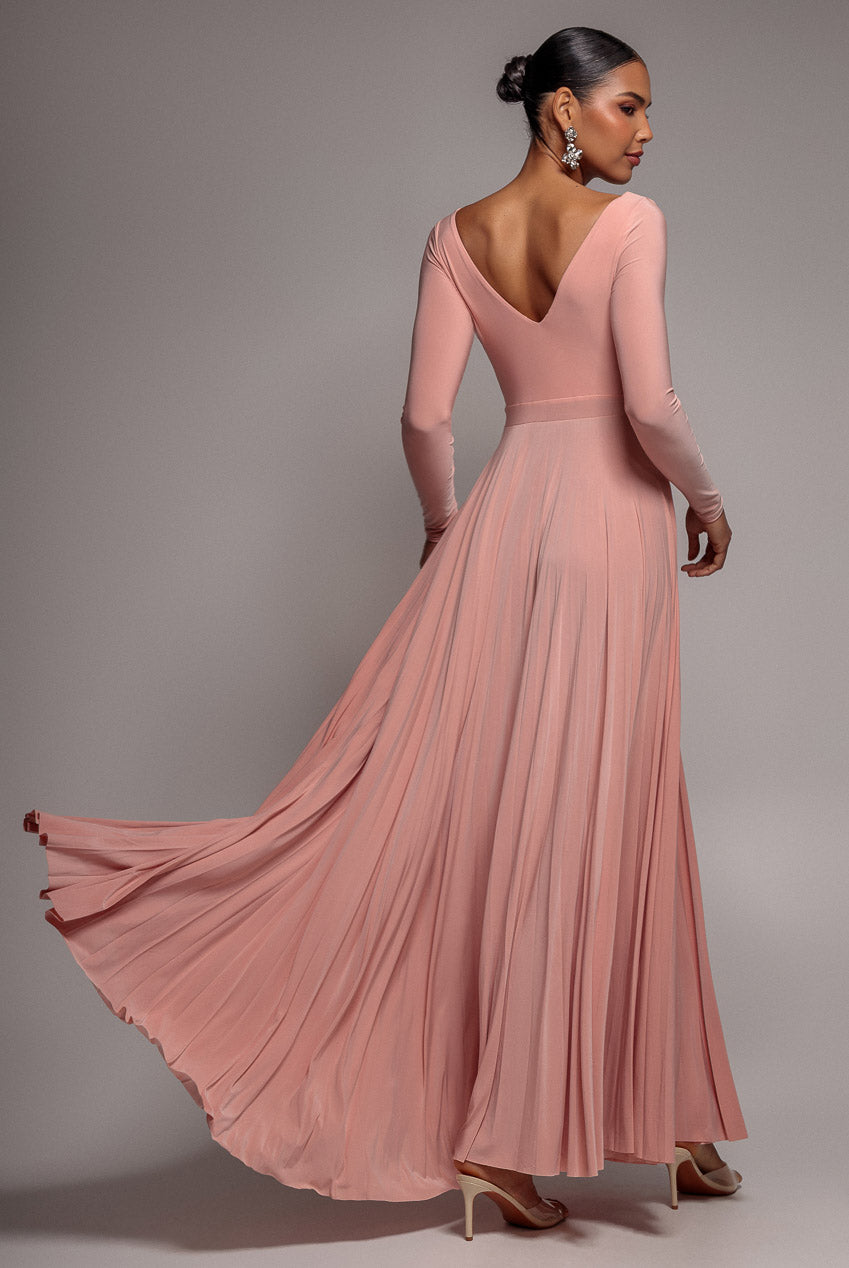 Goddiva Plunge Neck Long Sleeve A Line Maxi Dress - Blush Pink