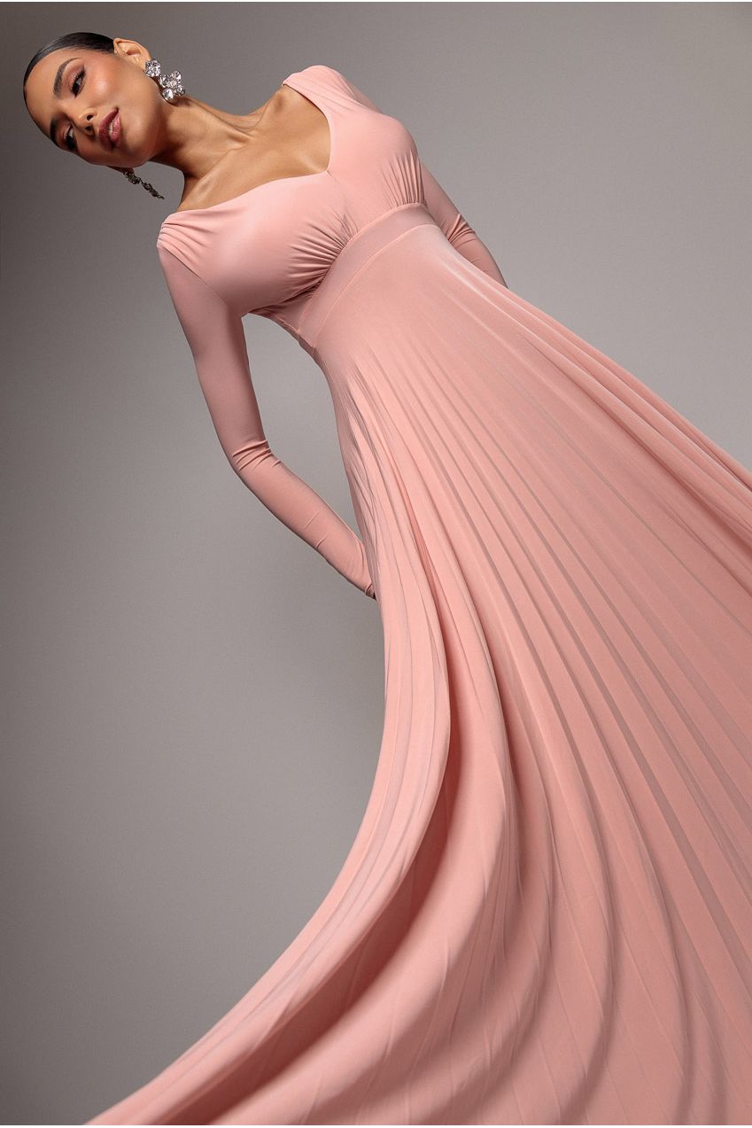 Goddiva Plunge Neck Long Sleeve A Line Maxi Dress - Blush Pink