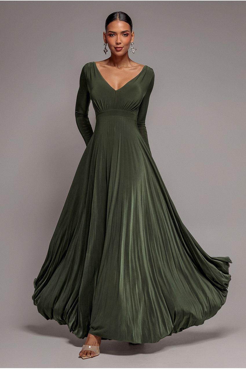 Goddiva Plunge Neck Long Sleeve A-line Maxi Dress - Olive Green