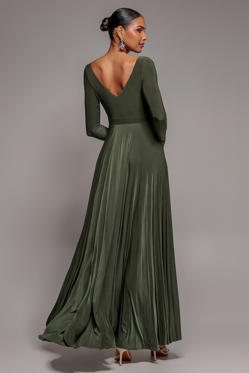 Goddiva Plunge Neck Long Sleeve A-line Maxi Dress - Olive Green