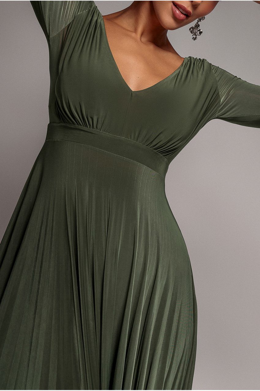 Goddiva Plunge Neck Long Sleeve A-line Maxi Dress - Olive Green