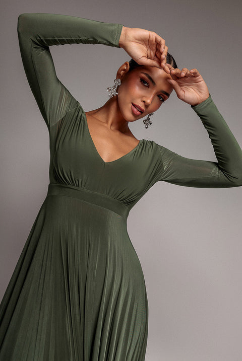 Goddiva Plunge Neck Long Sleeve A-line Maxi Dress - Olive Green